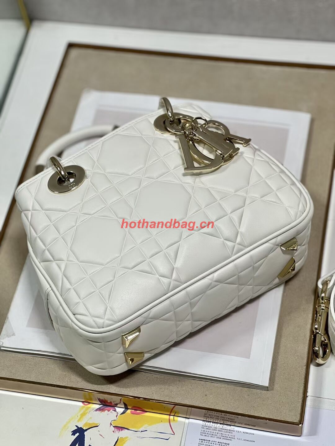 LADY DIOR TOP HANDLE SMALL BAG Latte Cannage Lambskin C9228 WHITE&GOLD