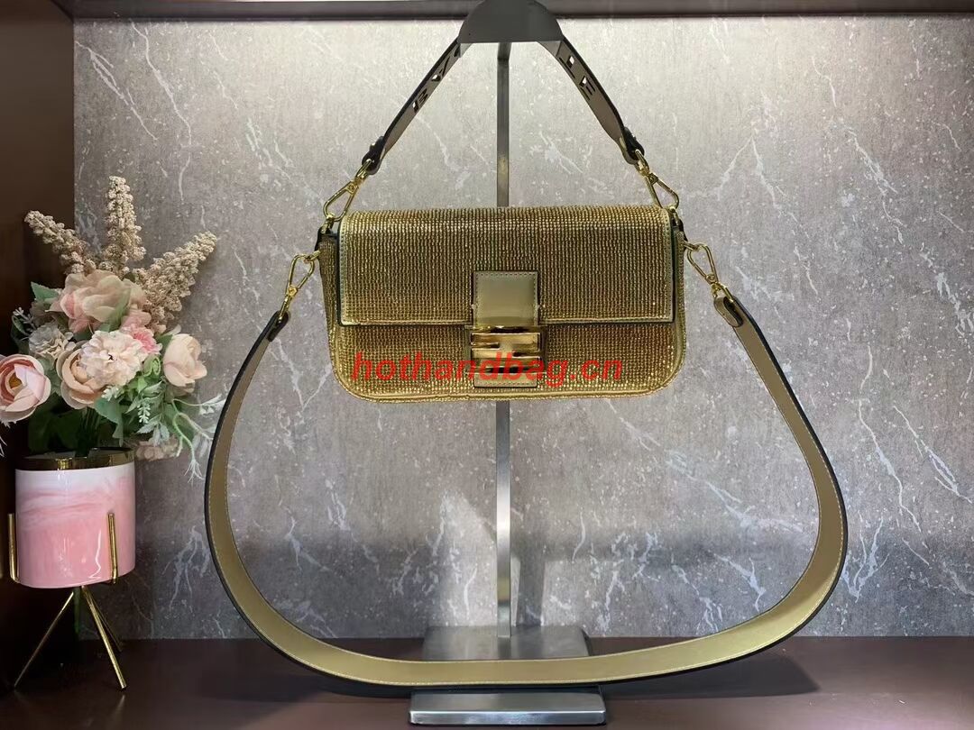 Fendi Baguette crystals and leather bag F0961 gold