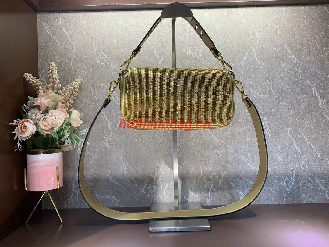 Fendi Baguette crystals and leather bag F0961 gold
