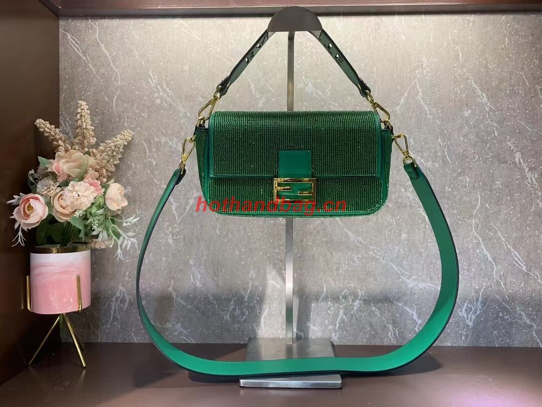 Fendi Baguette crystals and leather bag F0961 green
