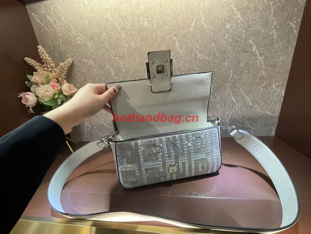 Fendi Baguette crystals and leather bag F0961 silvery