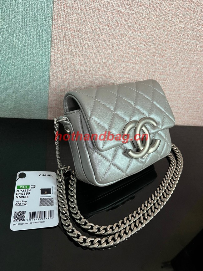 Chanel MINI FLAP BAG Lambskin & silver-Tone Metal AS3854 silver
