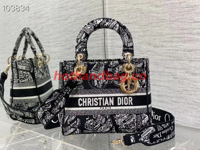 Dior MEDIUM LADY D-LITE BAG Black and White Plan de Paris Embroidery M0565OOMP