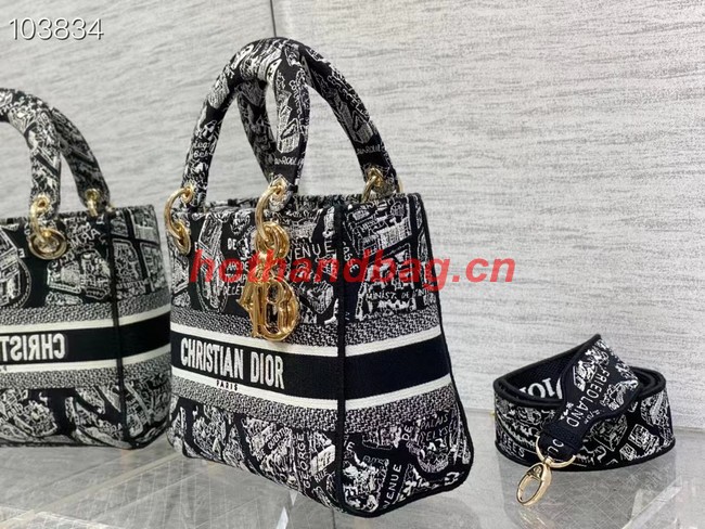 Dior MEDIUM LADY D-LITE BAG Black and White Plan de Paris Embroidery M0565OOMP