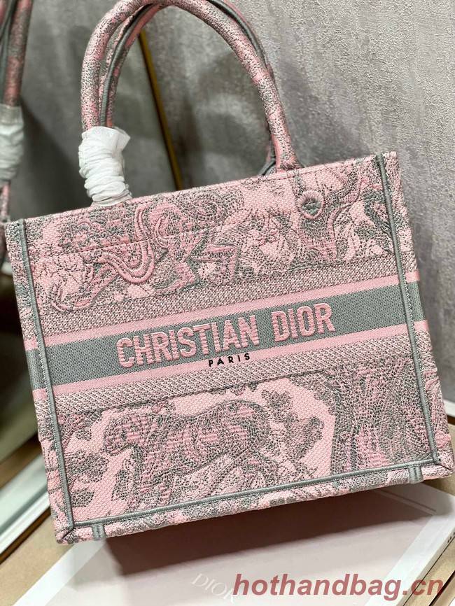 SMALL DIOR BOOK TOTE Gray and Pink Toile de Jouy Reverse Embroidery M1296ZRG