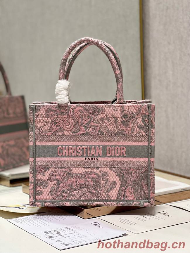 SMALL DIOR BOOK TOTE Gray and Pink Toile de Jouy Reverse Embroidery M1296ZRG