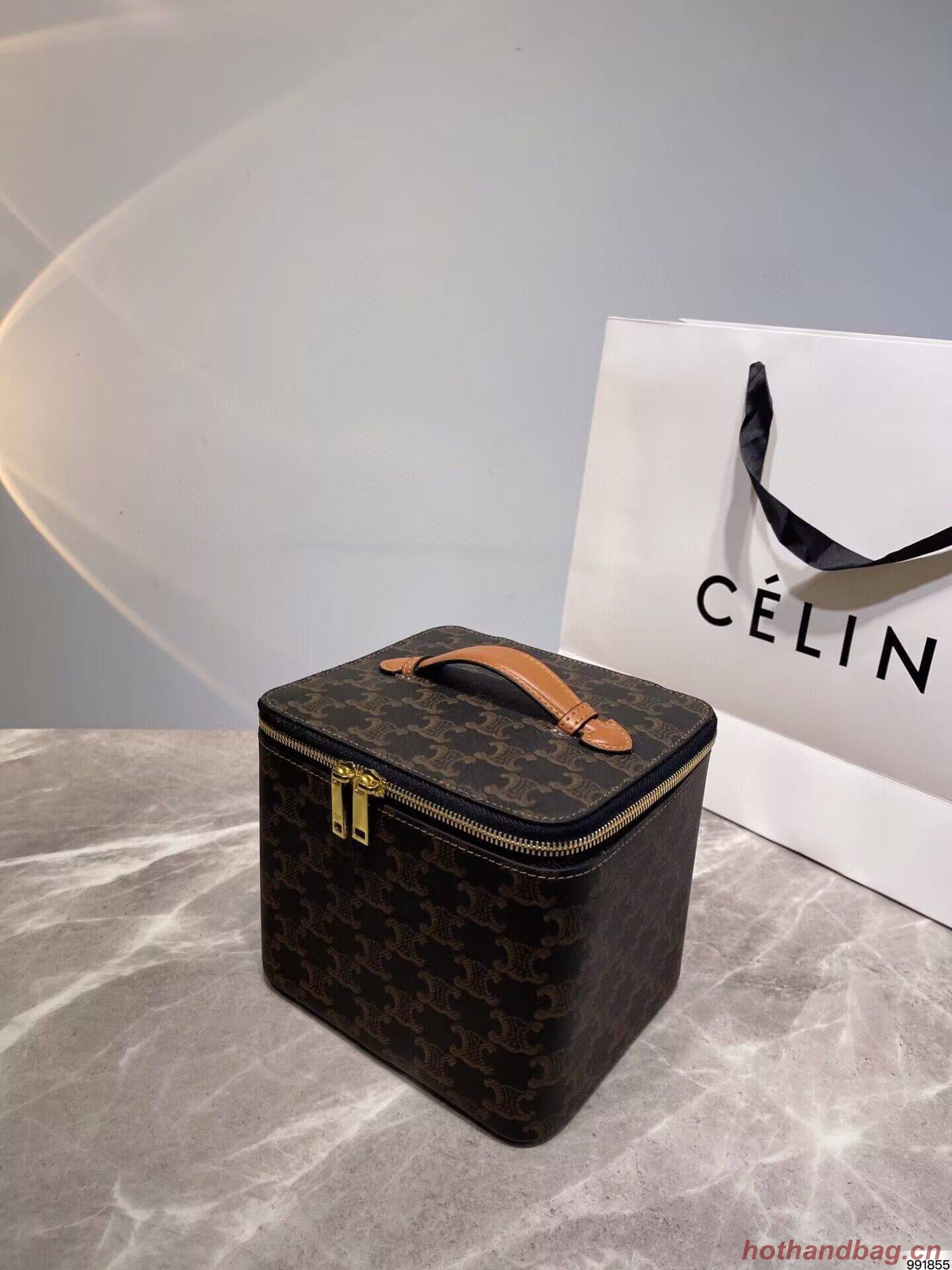 Celine Square Vanity Case In Triomphe Canvas And Calfskin 956437 Tan
