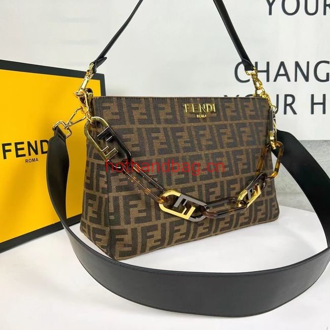 Fendi O Lock Zipper Brown FF jacquard fabric and leather bag F1068