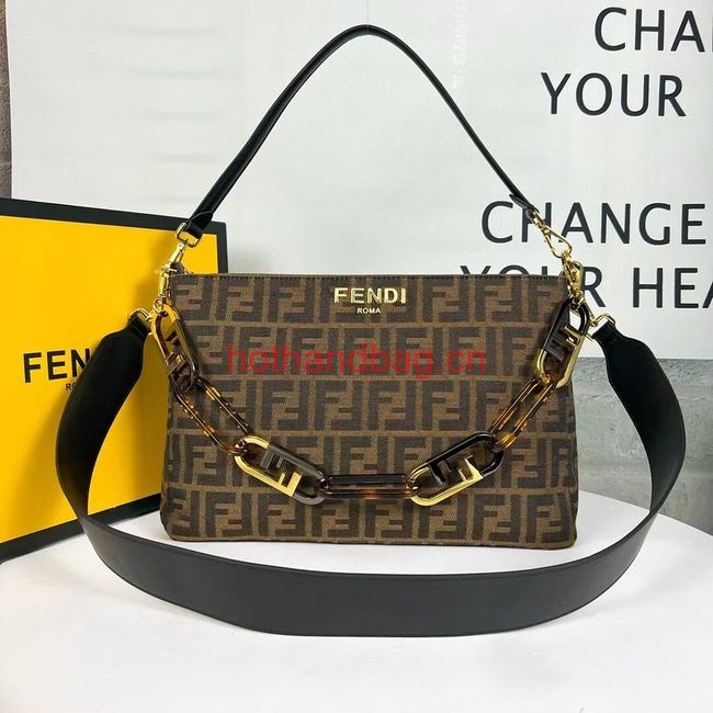 Fendi O Lock Zipper Brown FF jacquard fabric and leather bag F1068