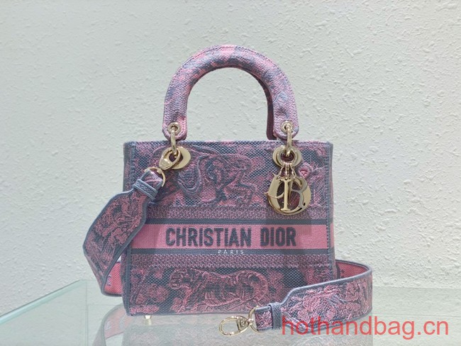 Dior MEDIUM LADY D-LITE BAG Gray and Pink Toile de Jouy Reverse Embroidery M0565ORG