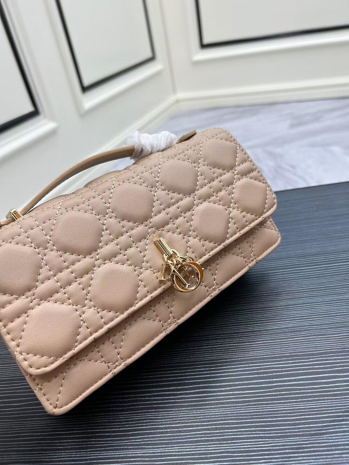 Dior Lady Original Leather Pearl Clutch Bag 6617 Apricot