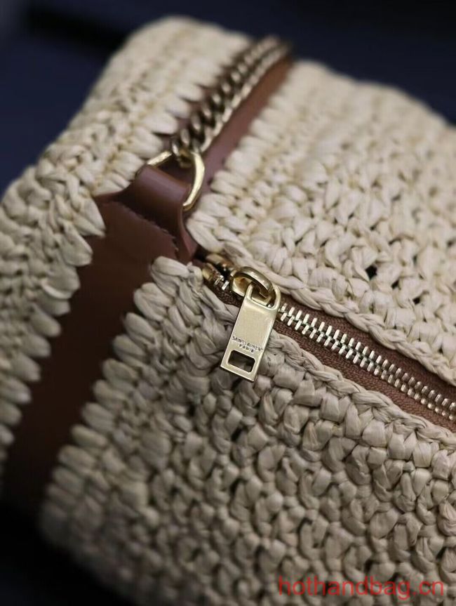 SAINT LAURENT SADE SMALL TUBE BAG IN RAFFIA AND LEATHER Y996704 apricot