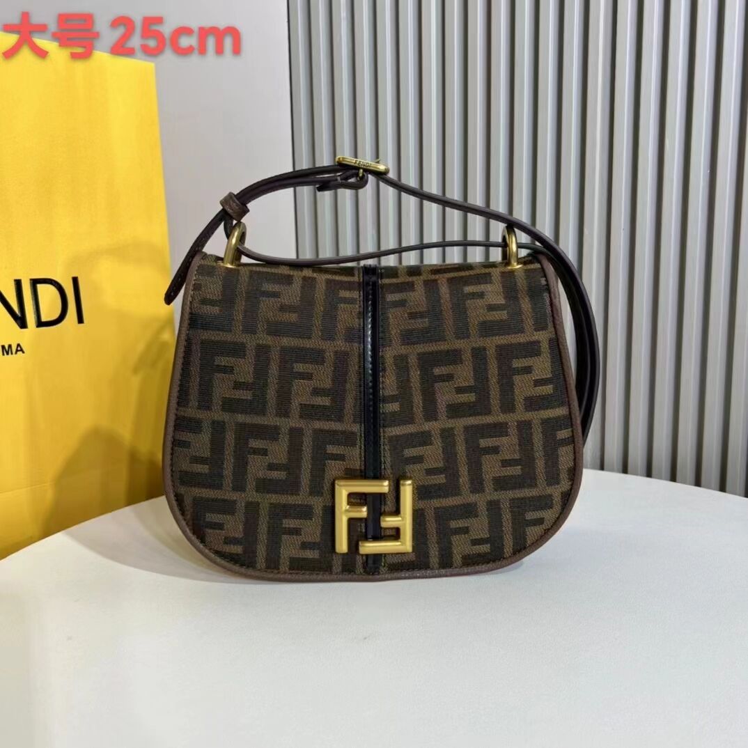 Fendi Cmon Medium Brown FF jacquard fabric and leather bag 8BT366