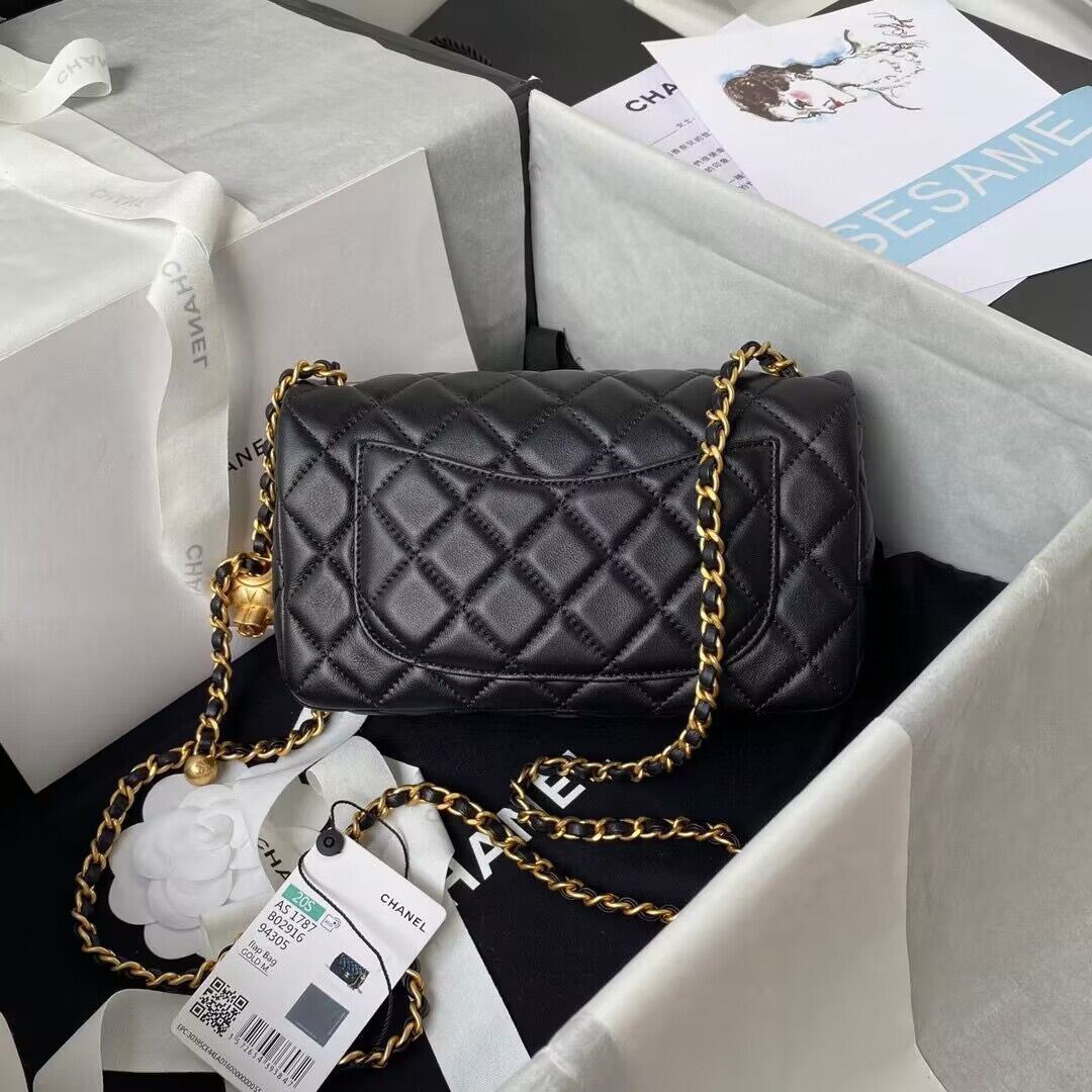 Chanel MINI Flap Bag Original Sheepskin Leather AS1787 Black & Gold Ball