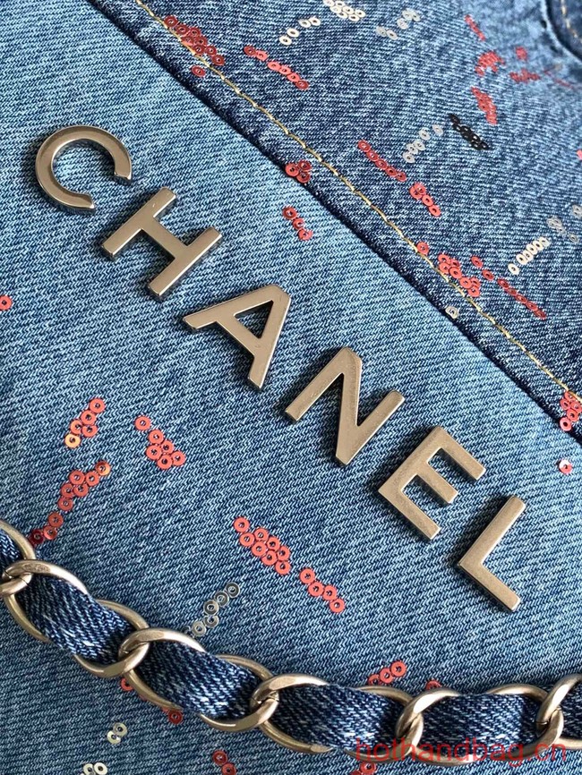CHANEL 22 Shopping Bag Denim & Silver-Tone Metal AS3260 Blue