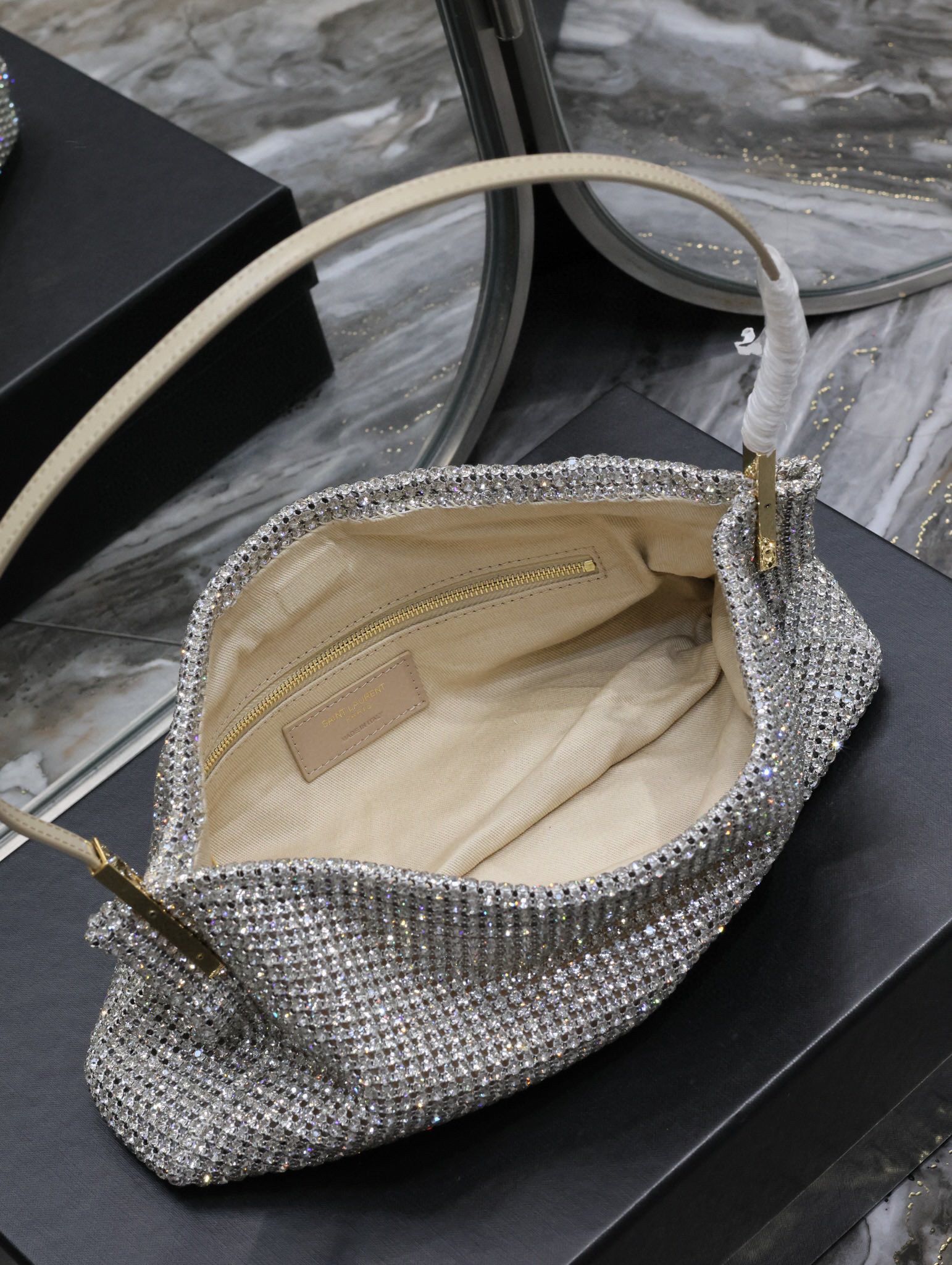 Yves Saint Laurent Suzanne Small In Rhinestones Mesh And Satin Shoulder Bag 741637 Silver