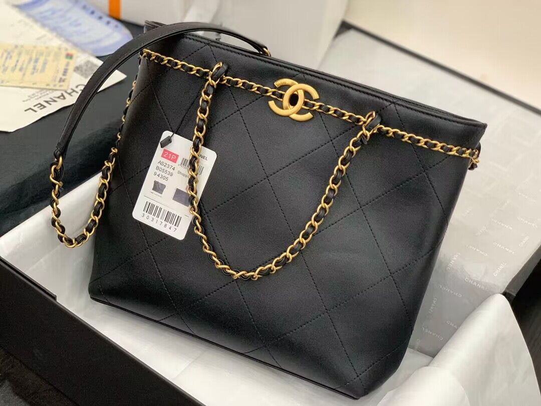Chanel Original Leather Vintage Tote Shopping Bag AS2374 Black