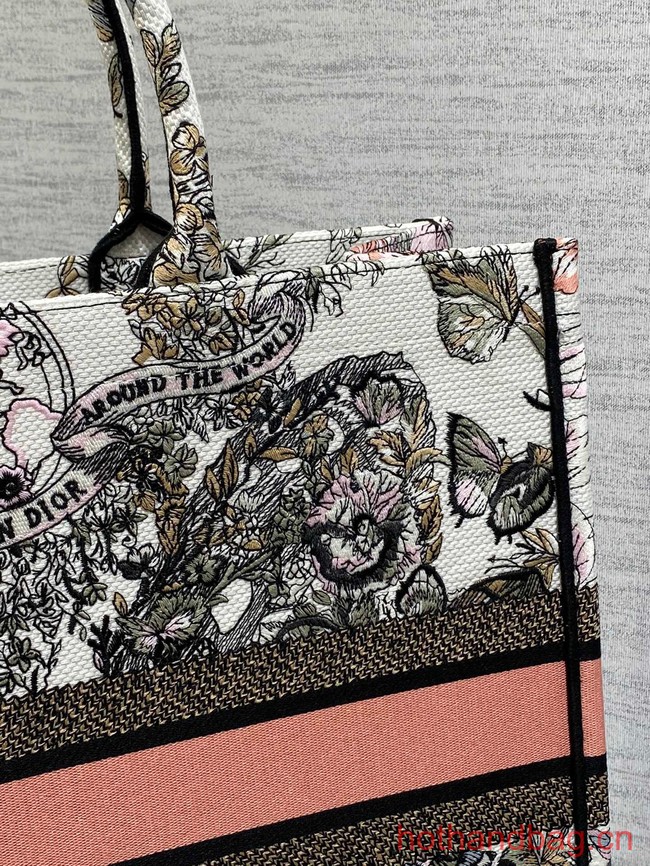 LARGE DIOR BOOK TOTE White and Pastel Pink Butterfly Around The World Embroidery M1286ZES