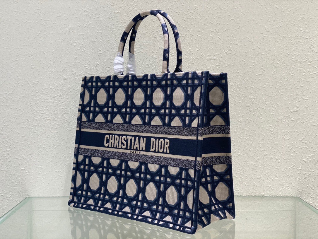 LARGE DIOR BOOK TOTE Beige and Blue Macrocannage Embroidery M1286ZZAU