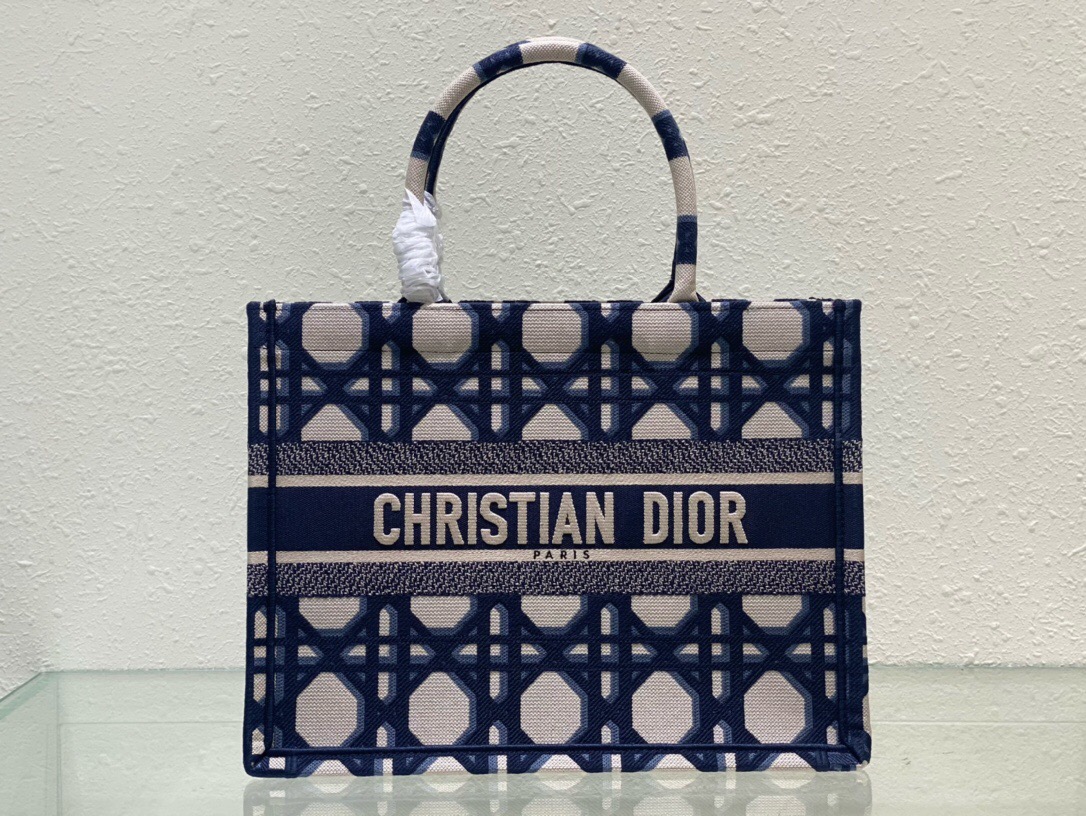 MEDIUM DIOR BOOK TOTE Beige and Blue Macrocannage Embroidery M1296ZZA