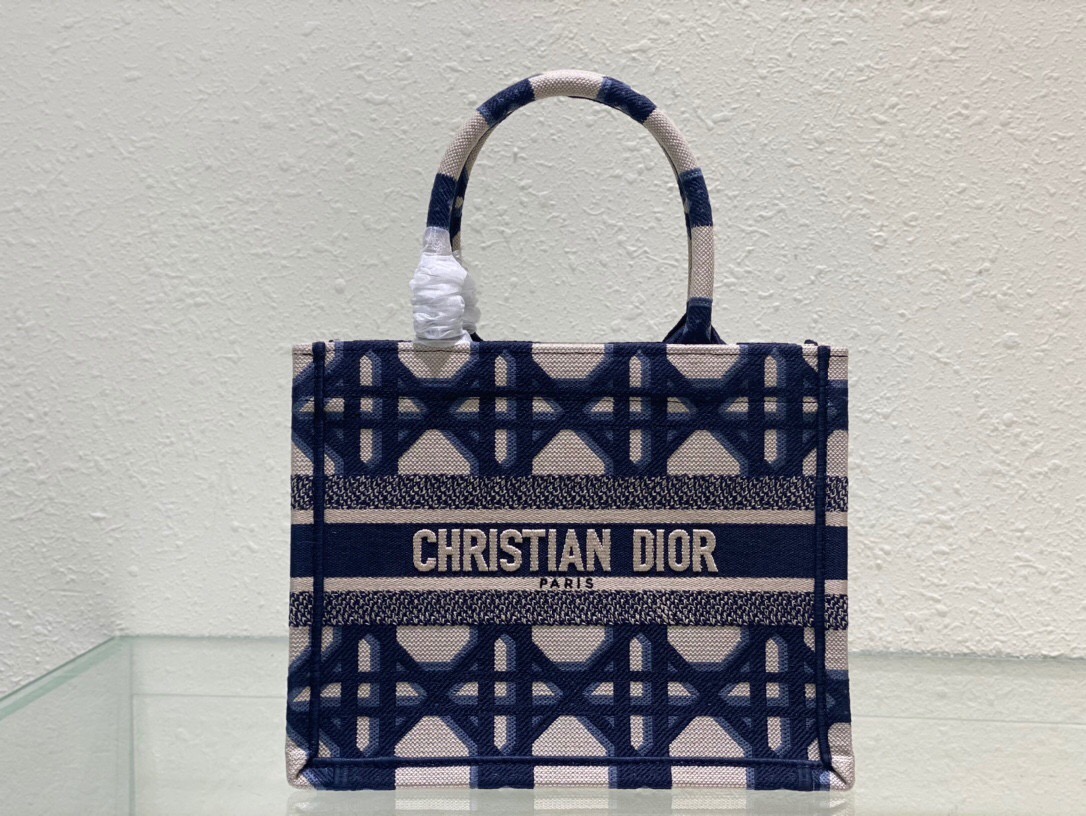 SMALL DIOR BOOK TOTE Beige and Blue Macrocannage Embroidery M1296ZRG