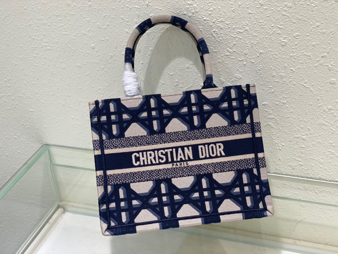 SMALL DIOR BOOK TOTE Beige and Blue Macrocannage Embroidery M1296ZRG
