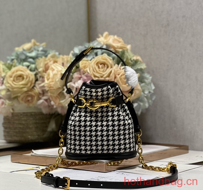 SMALL CEST DIOR BAG Black and White Houndstooth Embroidery Natural Cannage M2272U