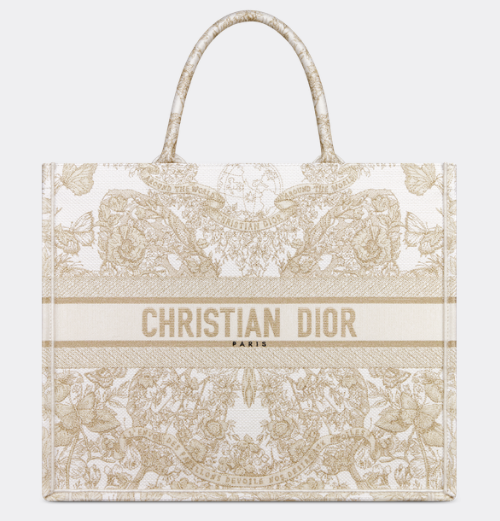 LARGE DIOR BOOK TOTE Gold-Tone and White Butterfly Around The World Embroidery M1286ZES