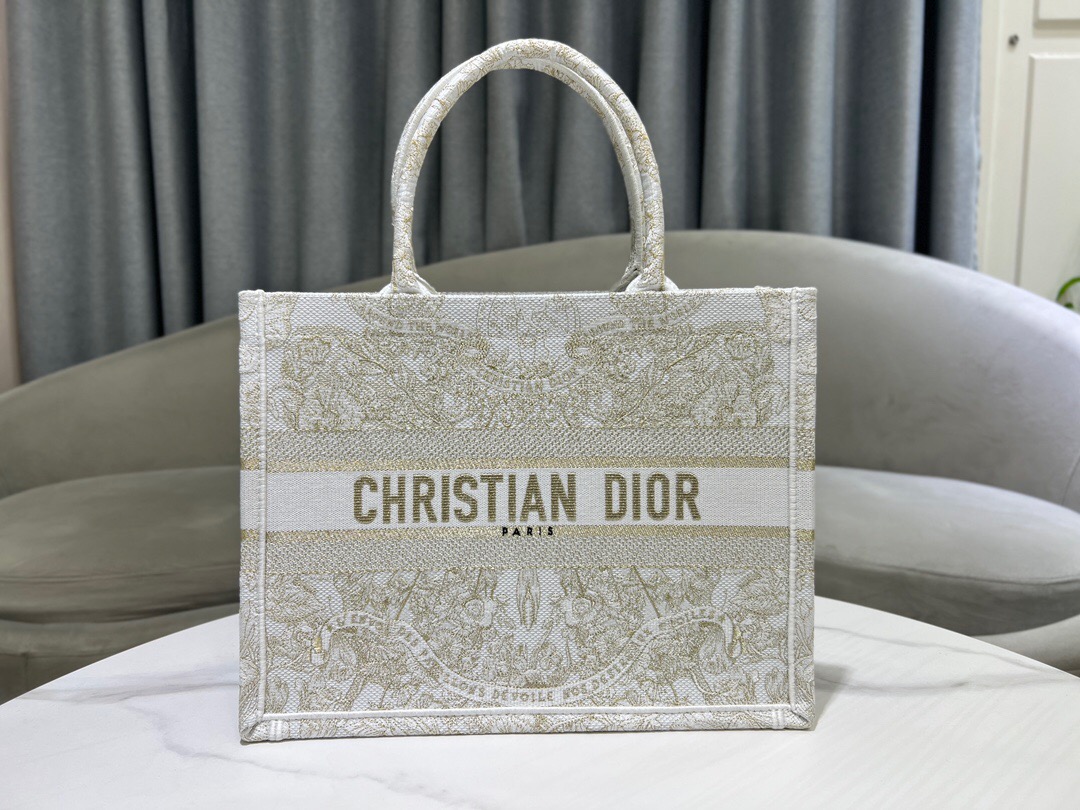 MEDIUM DIOR BOOK TOTE Gold-Tone and White Butterfly Around The World Embroidery M1296ZE