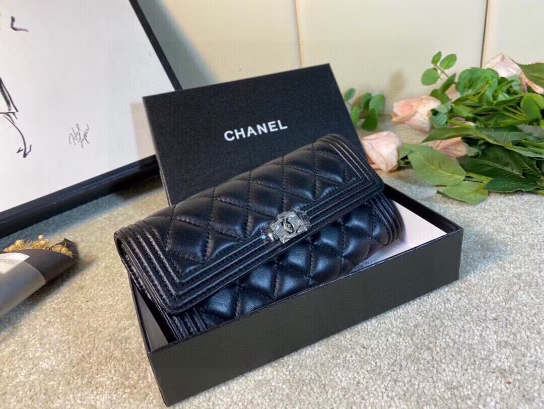 Chanel Boy Matelasse Long Wallet Black Sheepskin CHA5263 Silver