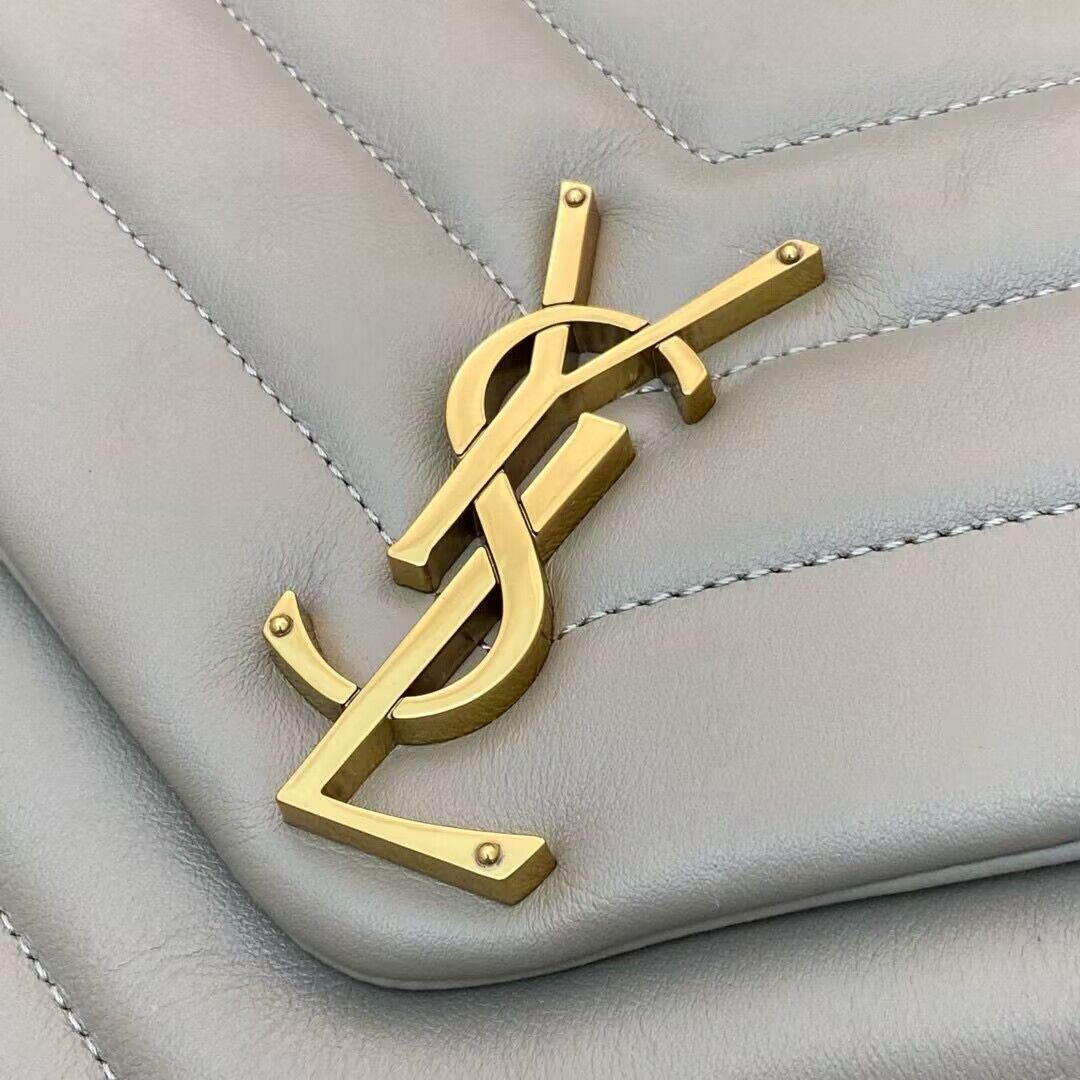 SAINT LAURENT Loulou Monogram Large quilted leather shoulder bag 392288 Light Gray Gold-Tone