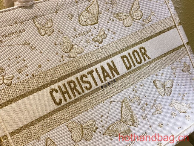 LARGE DIOR BOOK TOTE Gold-Tone and White Butterfly Zodiac Embroidery M1286ZT
