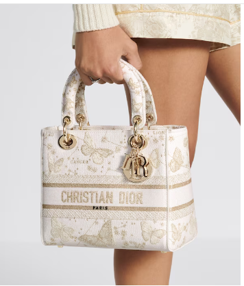 MEDIUM Dior LADY D-LITE BAG Gold-Tone and White Butterfly Zodiac Embroidery M0565OE