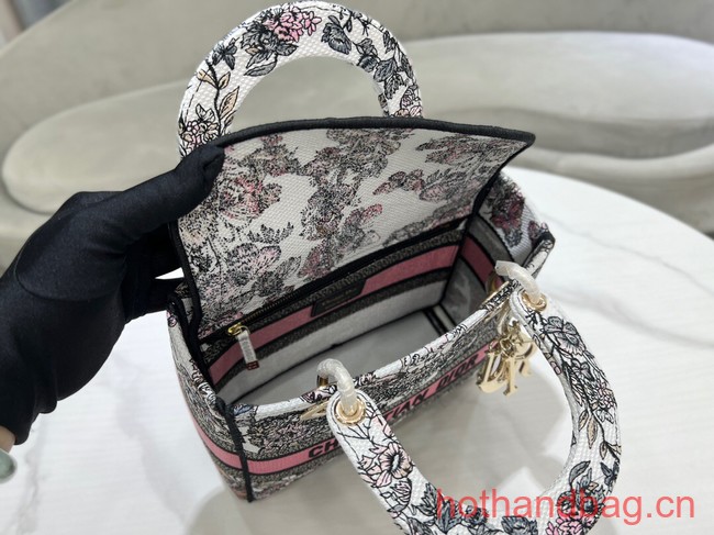 MEDIUM LADY D-LITE BAG White and Pastel Pink Butterfly Around The World Embroidery M0565O
