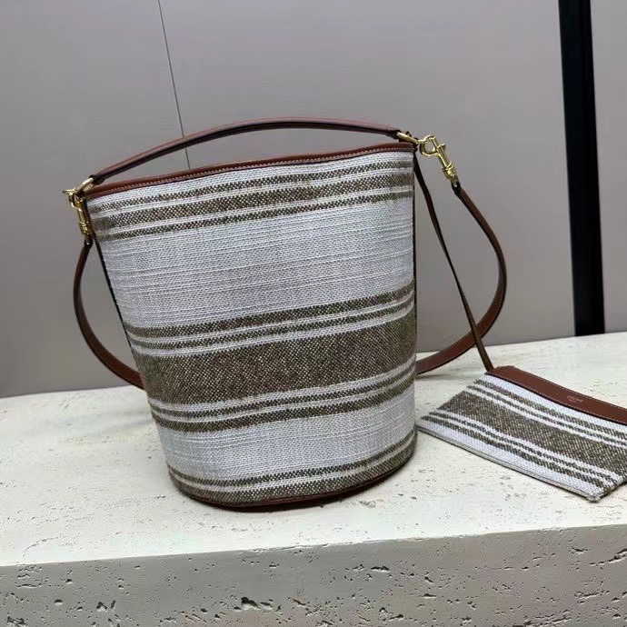 BUCKET 16 BAG IN STRIPED TEXTILE WITH CELINE JACQUARD AND CALFSKIN 195572 TOBACCO &TAN