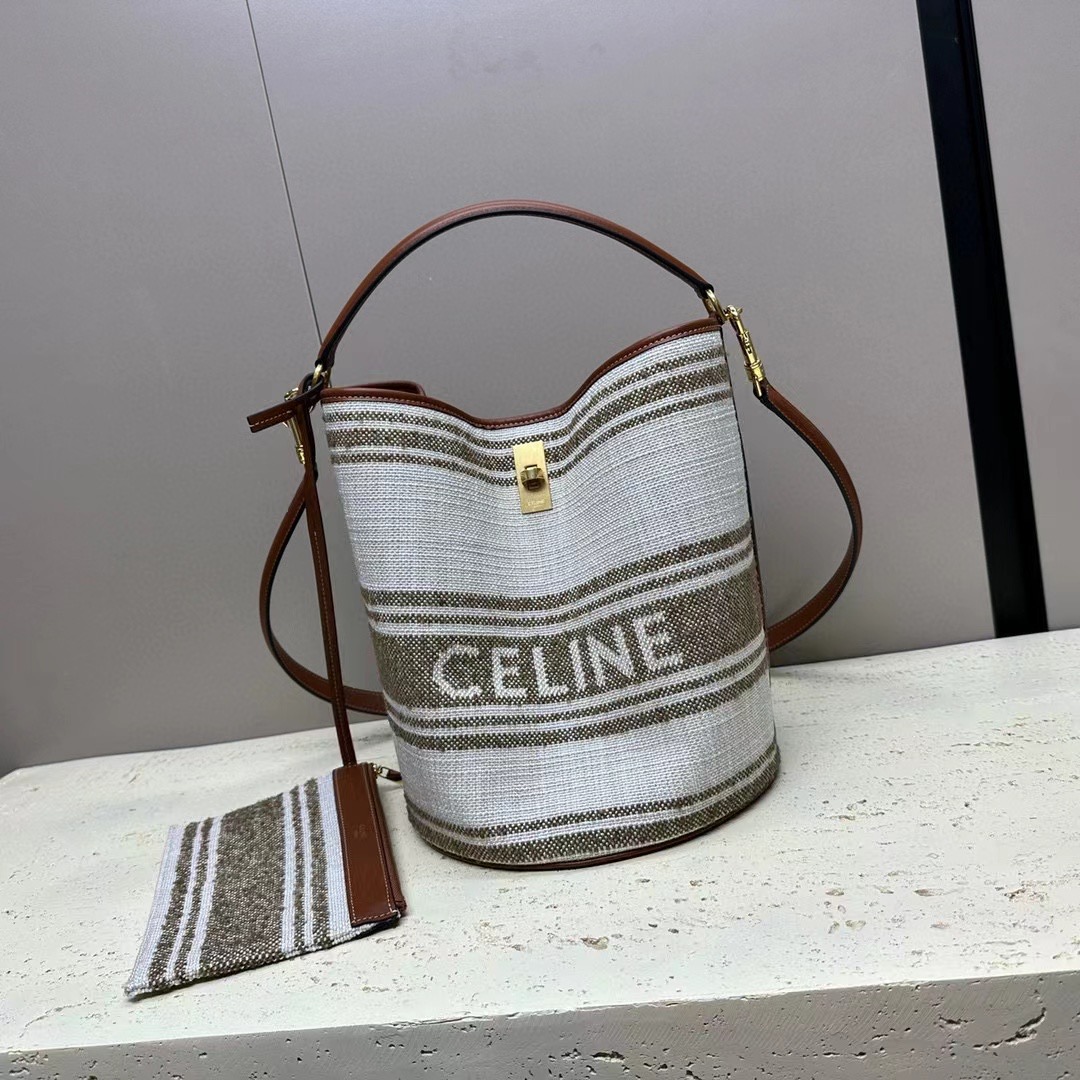 BUCKET 16 BAG IN STRIPED TEXTILE WITH CELINE JACQUARD AND CALFSKIN 195572 TOBACCO &TAN