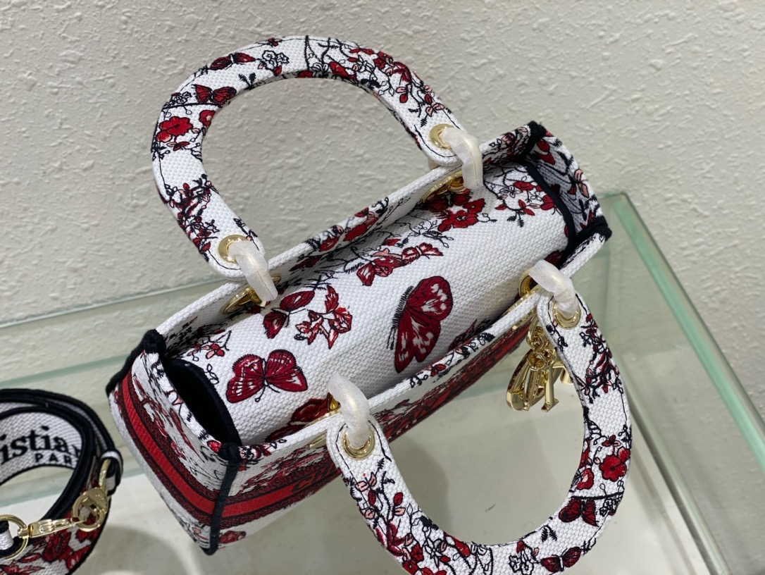 Dior Medium Lady D-Lite Bag White and Red Le Coeur des Papillons Embroidery M0565OEBJ