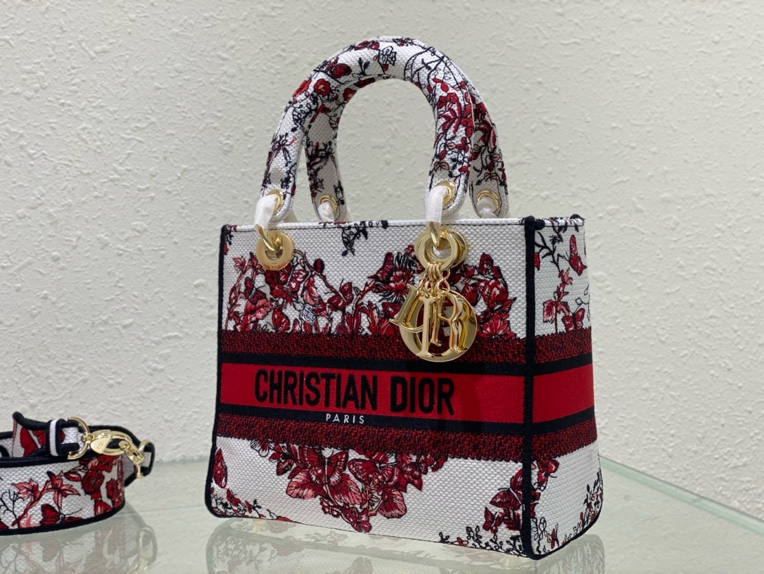 Dior Medium Lady D-Lite Bag White and Red Le Coeur des Papillons Embroidery M0565OEBJ