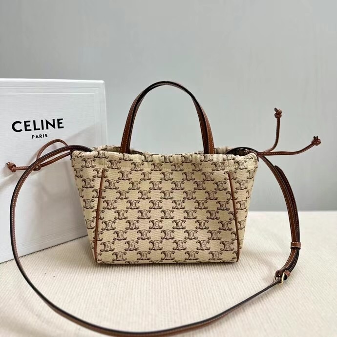 CELINE SMALL CABAS DRAWSTRING CUIR TRIOMPHE IN TRIOMPHE CANVAS AND CALFSKIN 111013 WHITE