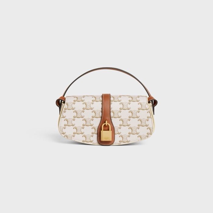 CELINE CLUTCH ON STRAP TABOU IN TRIOMPHE CANVAS AND CALFSKIN 101592 WHITE&TAN