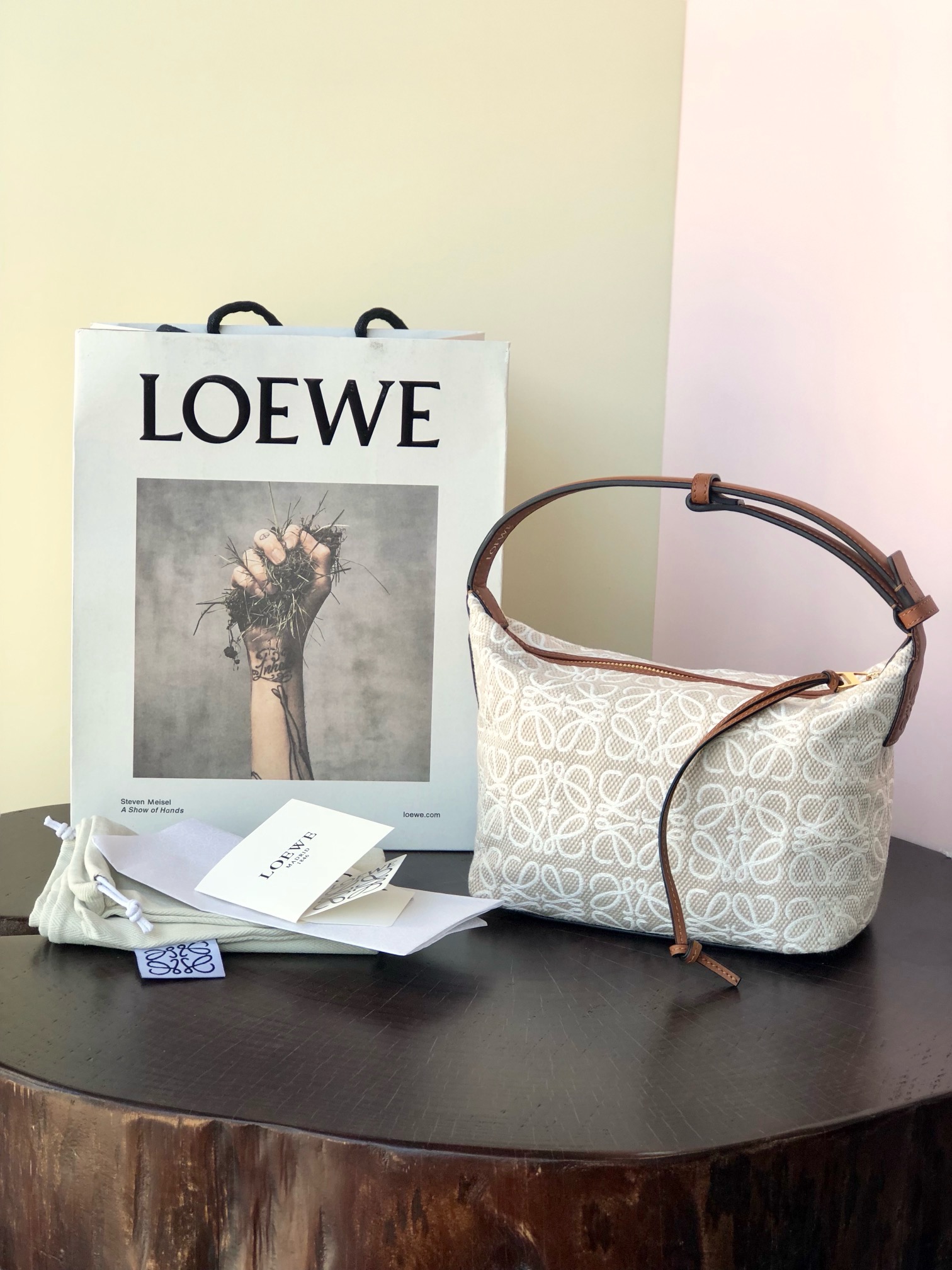 Loewe small Miniature Anagram Jacquard and cow leather bag 651421 Hazel&tan