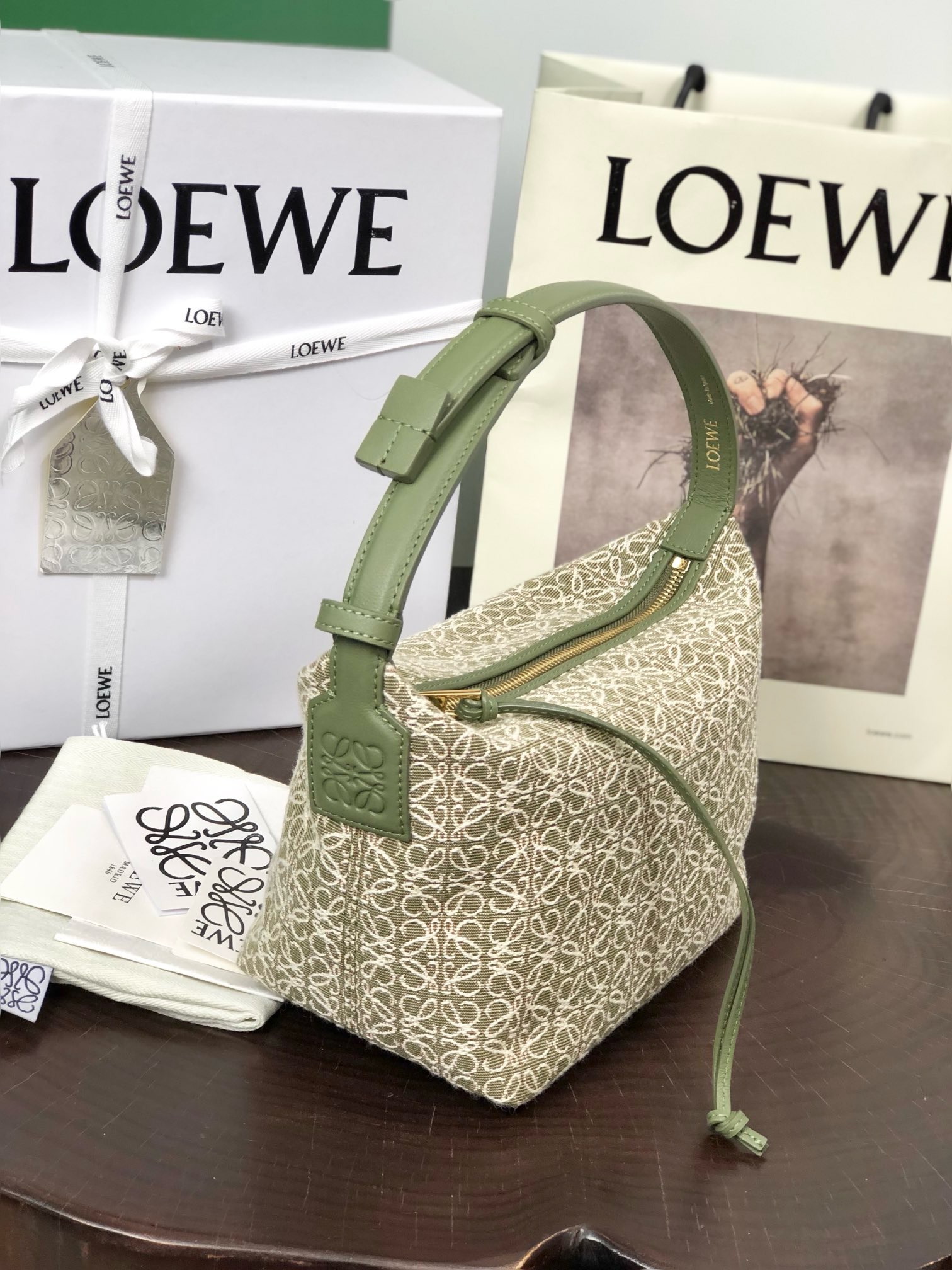 Loewe small Miniature Anagram Jacquard and cow leather bag 651421 green