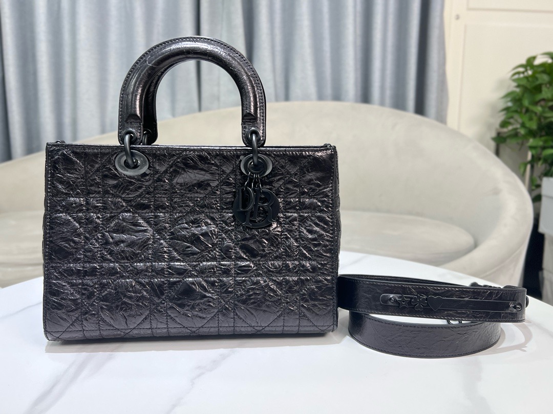 Medium Lady D-Sire My ABCDior Bag Black Macrocannage Crinkled Calfskin M1151S