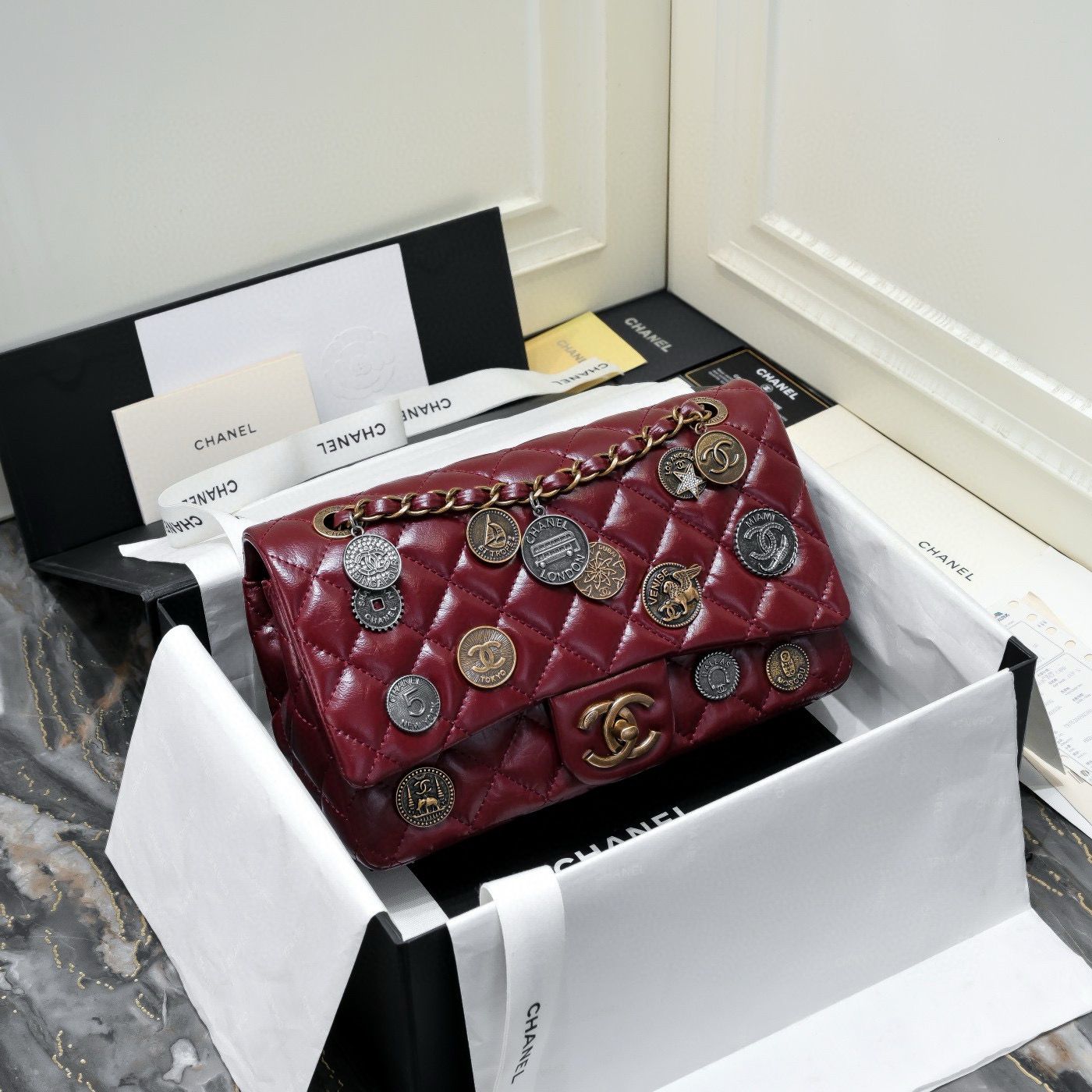 Chanel 2.55 Series Flap Bag Original Sheepskin Leather 92674 Wine Bronze-Tone