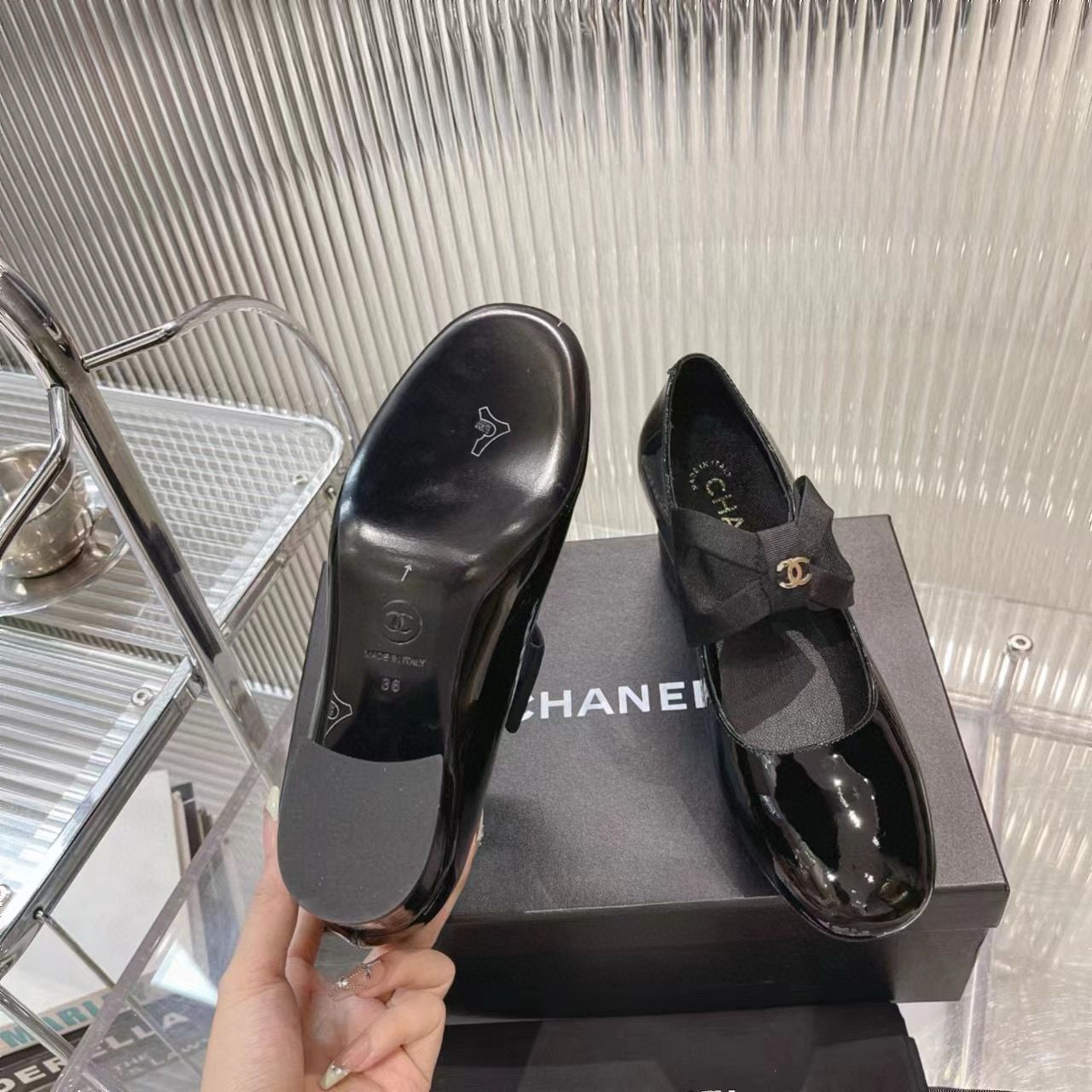 Chanel 24C Bow Mary Jane Shoes Original Patent Calf Leather 55MM Heels C85923 Black