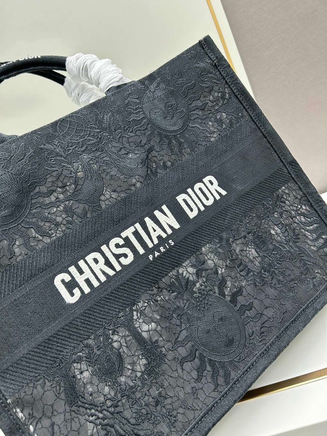 Large Dior Book Tote Dioriviera Black Toile de Jouy Soleil Macrame Embroidery M1286ZE black