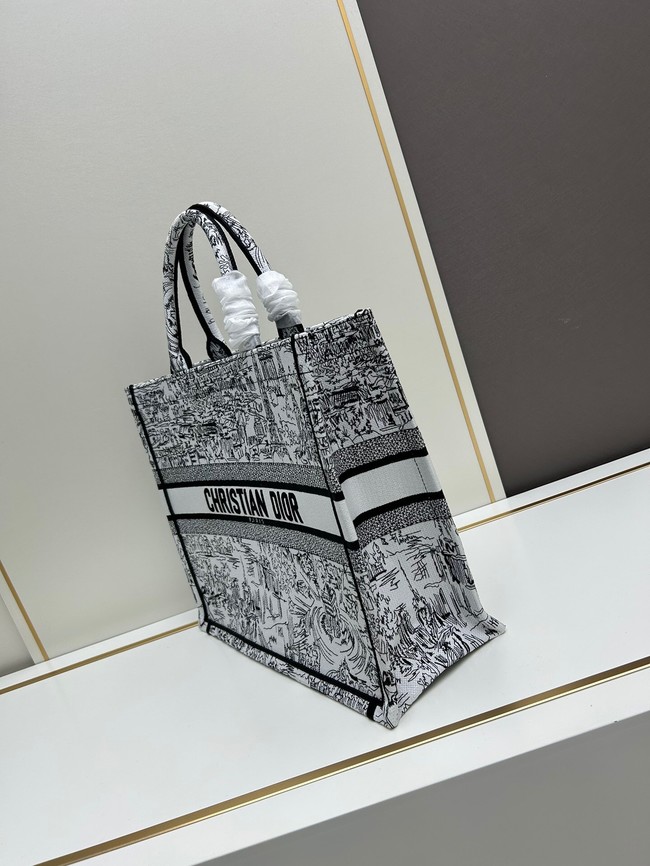 Large Dior Book Tote White and Black Paris Allover Embroidery M1286ZE