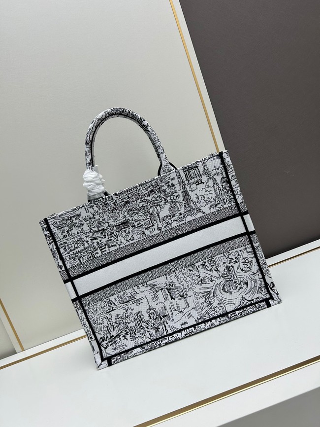 Large Dior Book Tote White and Black Paris Allover Embroidery M1286ZE