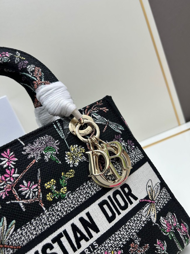 Medium Lady D-Lite Bag Black Multicolor Dior Herbarium Embroidery M0565OE