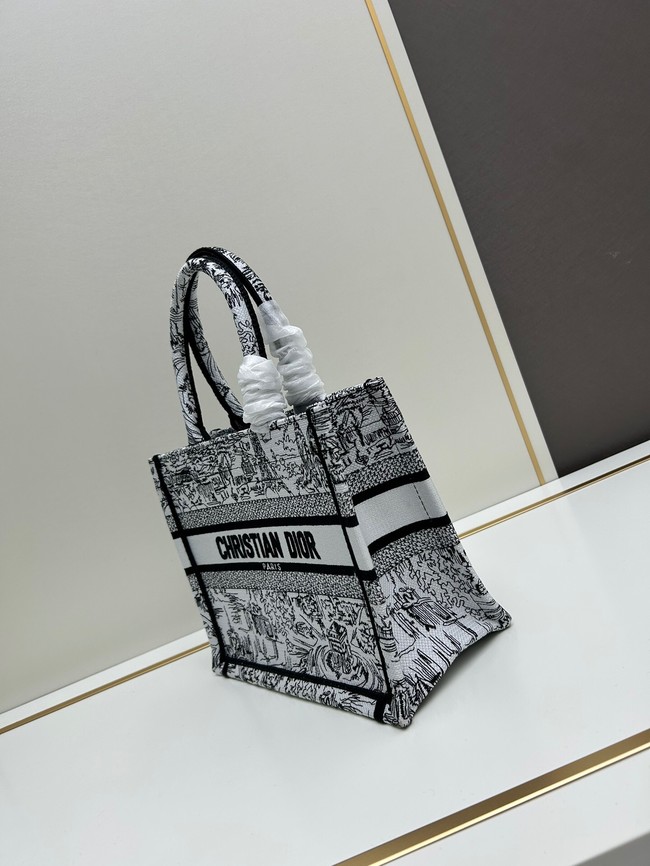 SMALL DIOR BOOK TOTE White and Black Paris Allover Embroidery M1296ZRf gray